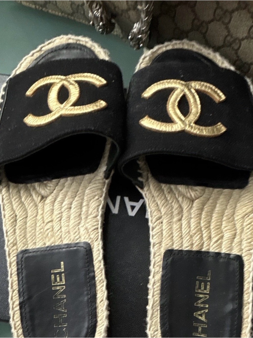 CHANEL Black Suede Espadrille Slides with Gold CC Emblem